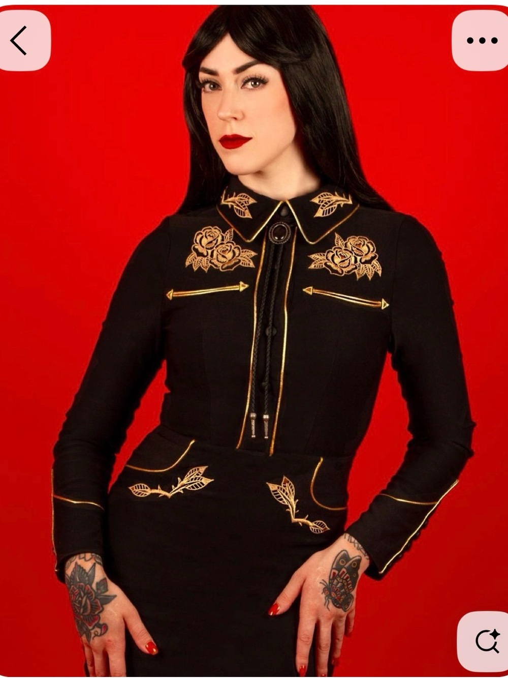 Katakomb June black Long-Sleeve Embroidered Dress with Yellow Piping Medium